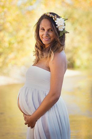Outdoor Maternity Photo in Split Front White Gown