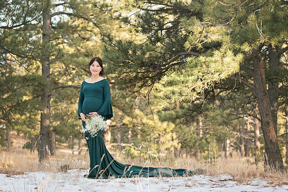 Winter Maternity Photo in Green Gown with Train