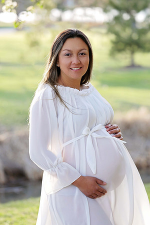 Spring Maternity Photo in Flowing White Sheer Dress